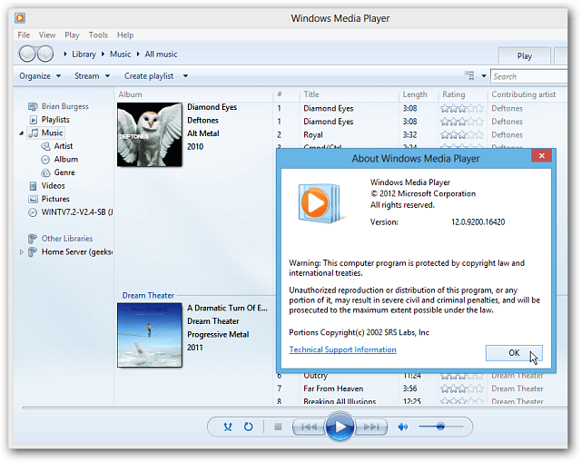 Windows Media Player på Windows 8 Desktop