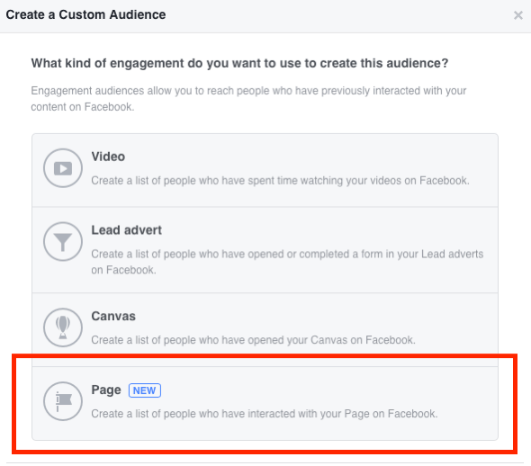 Velg Side som type engasjement du vil bruke til å opprette et tilpasset publikum for Facebook.