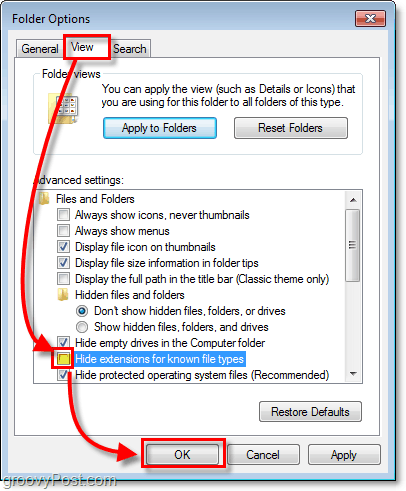 I dialogboksen for mappealternativer i Windows 7 klikker du på visningsfanen og fjerner avmerkingen for utvidelser for kjente filtyper
