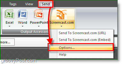 etter at den er installert, klikker du på send-fanen og deretter screencast-alternativer