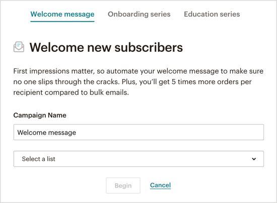 Velg hvilken type automatisert velkomst-e-post du vil sende via Messenger-bot. 
