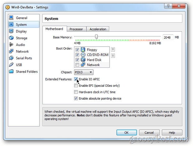 VirtualBox-systemets hovedkortkonfigurasjon aktiverer io apic windows 8