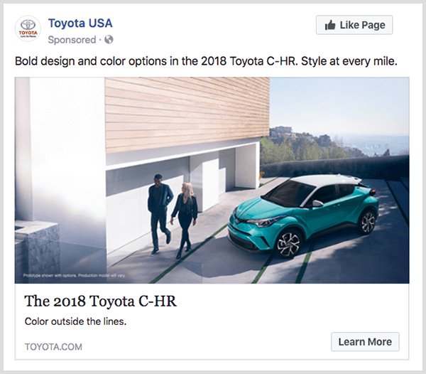 Facebook-engasjementsannonse fra Toyota har turkis Toyota C-HR og har en Mer informasjon-knapp.