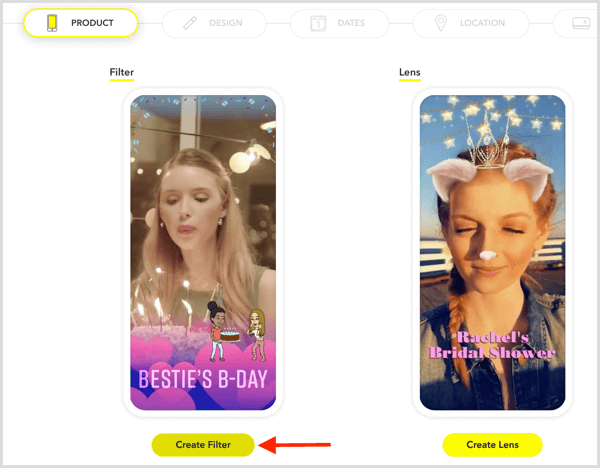 Klikk på Opprett filter for å sette opp et Snapchat-geofilter for arrangementet ditt.