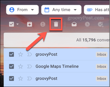 Ikonet for å slette e-poster i Gmail