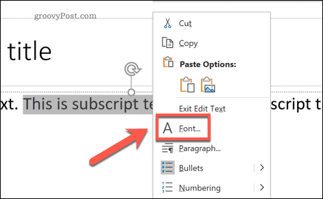 Åpne Font-alternativmenyen i PowerPoint på Windows via popup-menyen