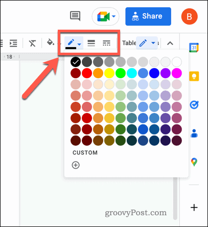 Ikoner på verktøylinje for Google Dokumenter-tabellkanter