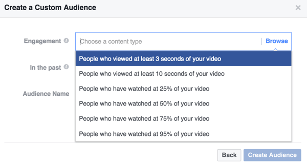 Velg engasjementskriteriene for ditt tilpassede videopublikum på Facebook.
