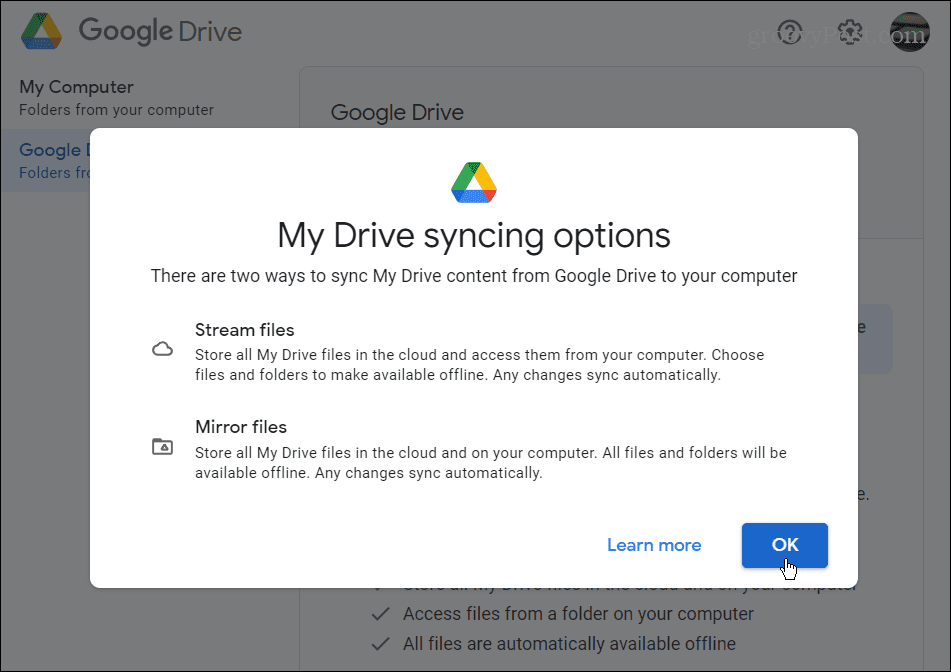 Google Drive Sync-innstillinger