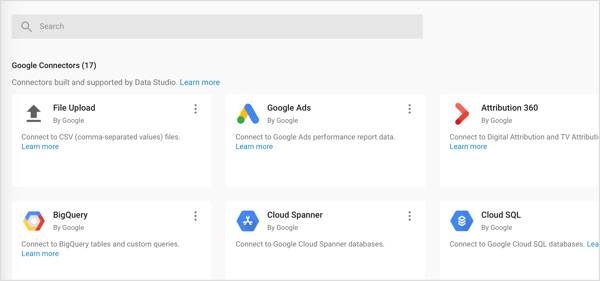 Importer tre typer kontakter til Google Data Studio: Google Connectors, Partner Connectors og Open Source Connectors.