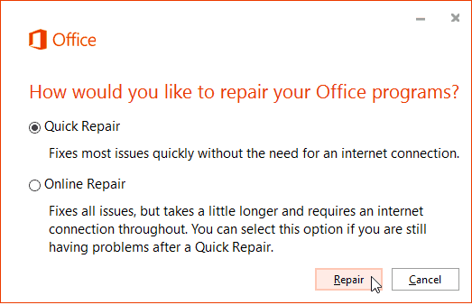 Office 365 online reparasjon
