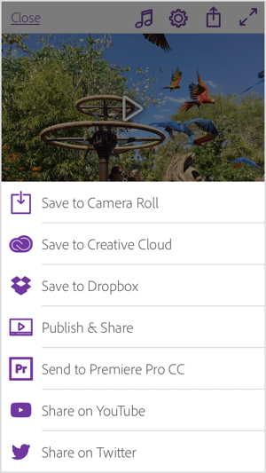 Del Adobe Premiere Clip-videoen din direkte på YouTube og Twitter, eller lagre den i Galleri eller Creative Cloud