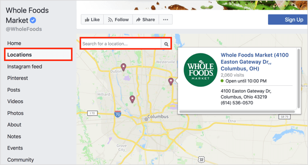Når du klikker på fanen Steder på en Facebook-side, avsløres individuelle steder på et kart. 
