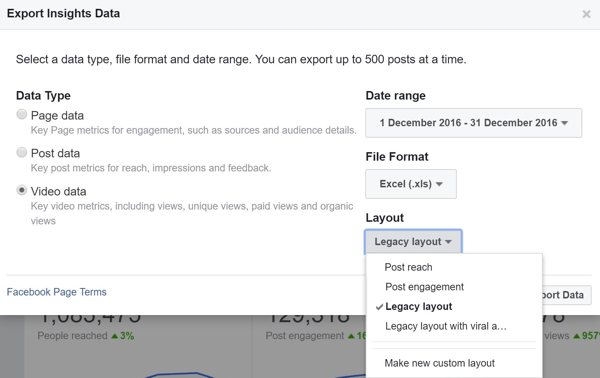 Når du eksporterer din Facebook Video Data-fil, må du velge hvilket layout du vil laste ned.