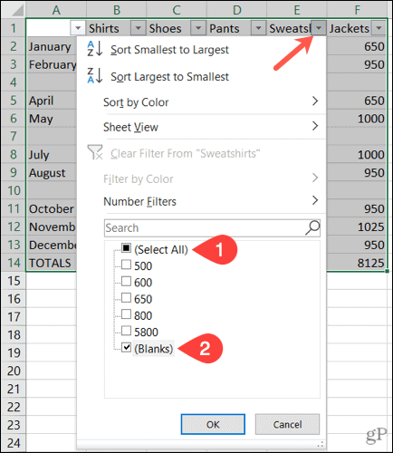 Filtrer tomme rader i Excel