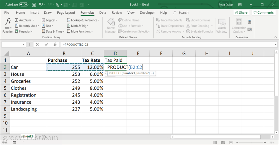 bruker produktfunksjonen i Excel