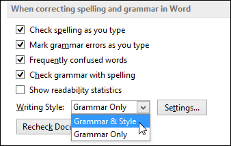 Word 2013 konfigurerer grammatikk og stil-rullegardinmeny