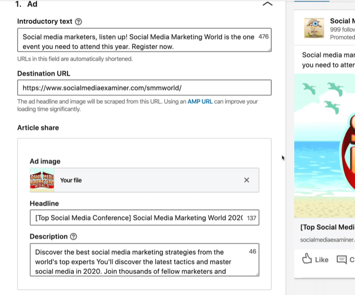 skjermbilde av introduksjonstekst, destinasjons-URL, overskrift og beskrivelsesfelt for LinkedIn-annonse
