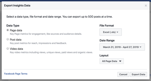 Eksporter Facebook Insights-dataene dine for å forenkle analysen av dataene.