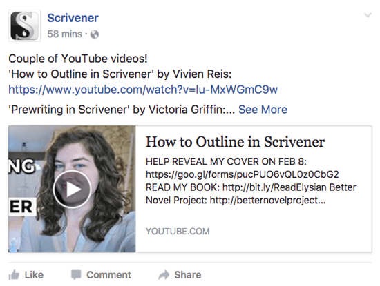 Scrivener deler en YouTube-video som brukere kanskje vil like på Facebook-siden.