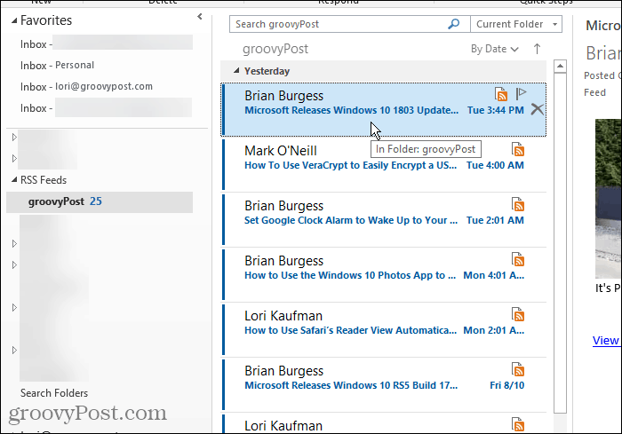 RSS Feeds-mappe i Outlook