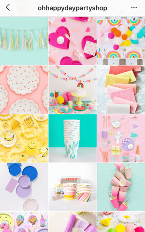 Slik forbedrer du instagrambildene dine, Instagram-feed-temaeksempel fra Oh Happy Day Party Shop som viser en lys fargepalett