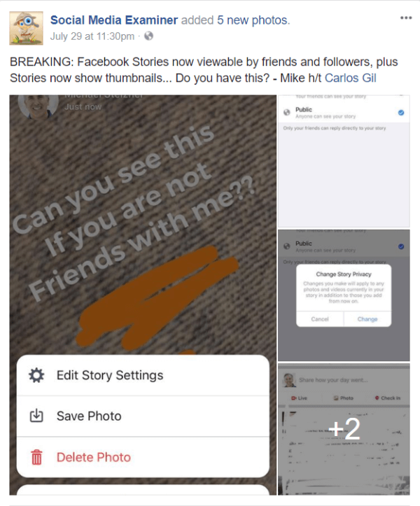 Facebook ruller ut offentlig deling og miniatyrbilder for historier.