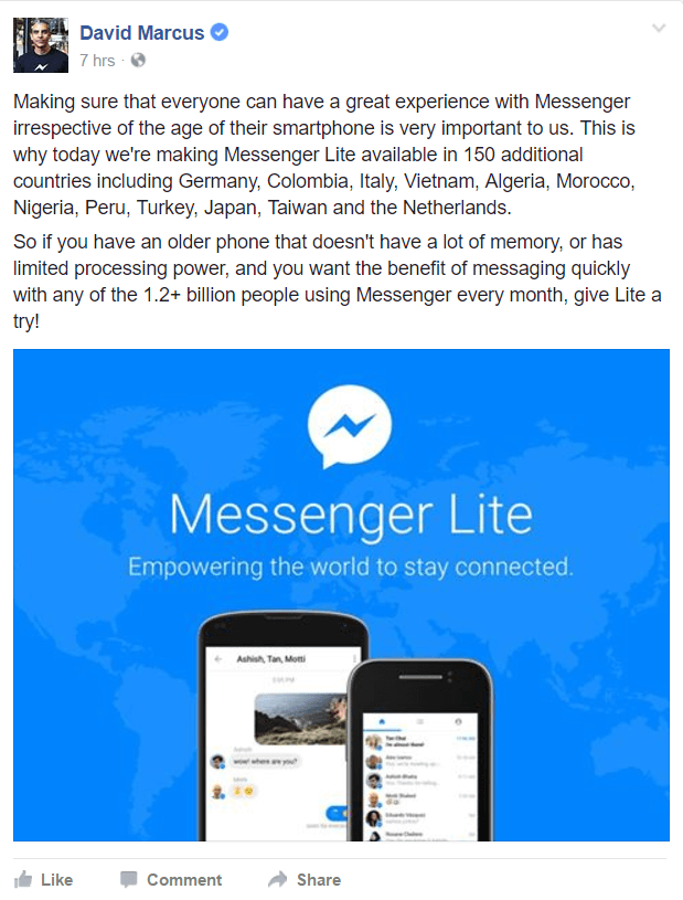 Facebook Messenger Lite er nå tilgjengelig i flere land rundt om i verden.