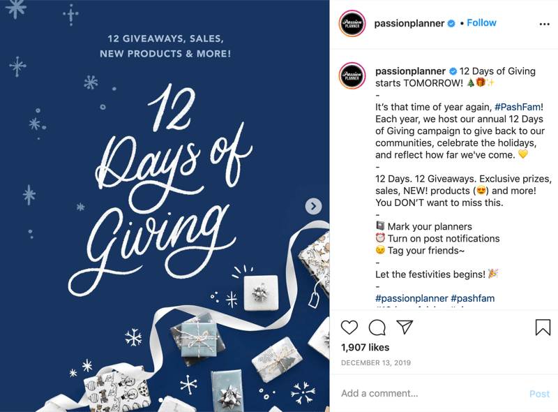 eksempel på en instagram-giveaway-konkurranse i 12 dager med å gi fra @passionplanner som kunngjør at giveaway begynner neste dag