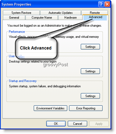 Systemegenskaper Avanserte innstillinger Windows XP