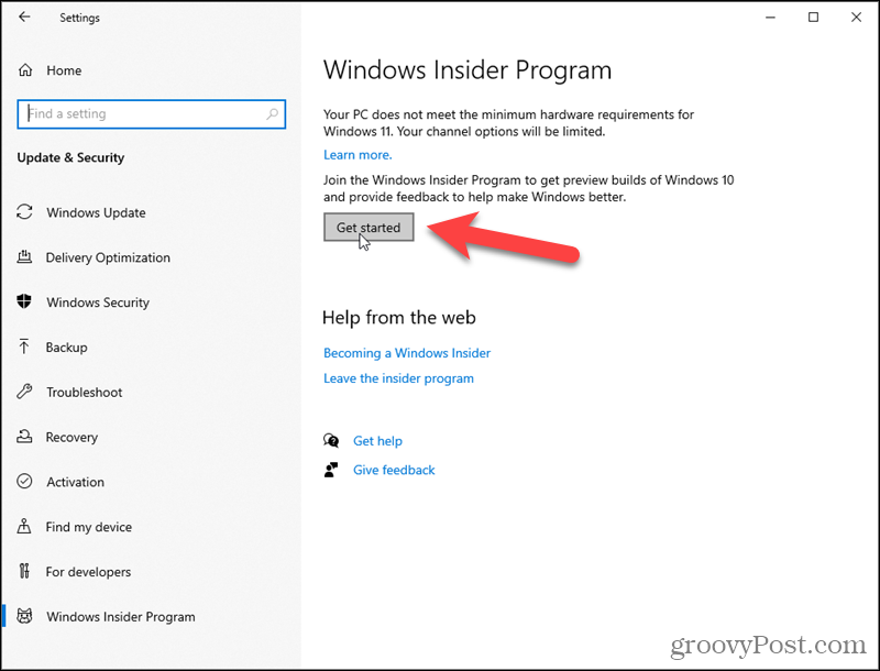 Klikk på Kom i gang for Windows Insider-programmet