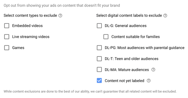 Hvordan sette opp en YouTube-annonsekampanje, trinn 15, angi ekskluderte typer og etikettalternativer