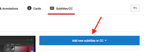 Åpne YouTube-videoen din i Video Creator, og klikk på Legg til nye undertekster eller CC.