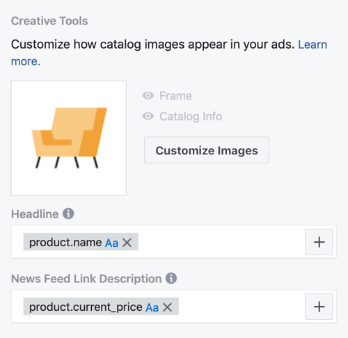 Bruk Facebook Event Setup Tool, trinn 30, menyalternativer for å tilpasse hvordan katalogbilder vises i Facebook-annonser