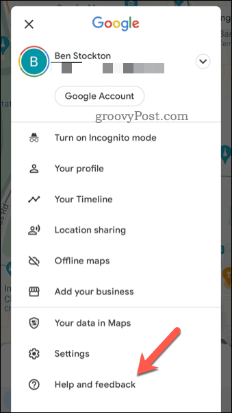 Åpne tilbakemeldingsmenyen for Google Maps