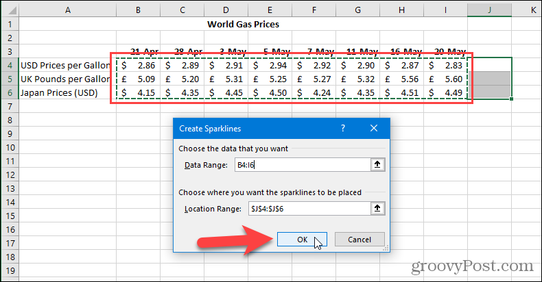 Opprett Sparklines-dialog i Excel