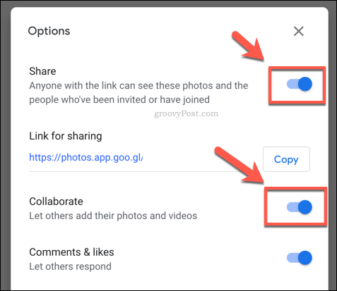 Alternativ for deling av album i Google Foto