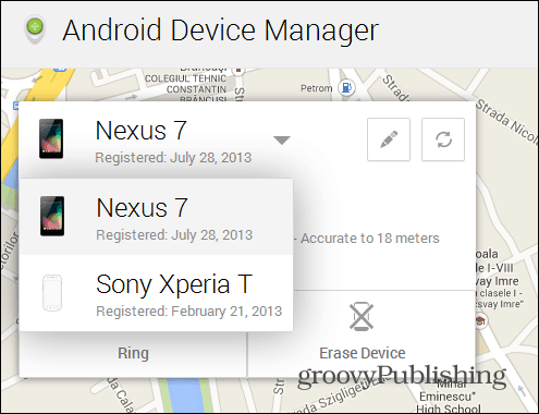 Android Device Manager nettgrensesnitt enheter
