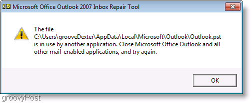 Skjermbilde - Outlook 2007 ScanPST reparasjonsmeldingsvindu