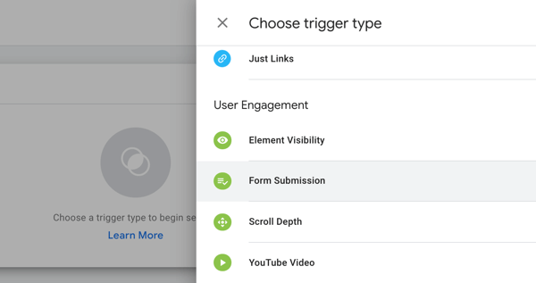 Bruk Google Tag Manager med Facebook, trinn 19, menyalternativer for å velge utløsertype i Google Tag Manager