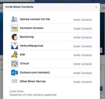 facebook side e-post kontakt import funksjon