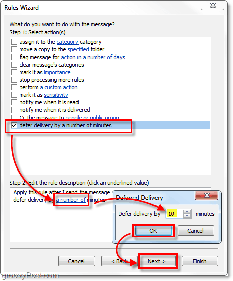 utsetter levering med x antall minutter fra Outlook 2010