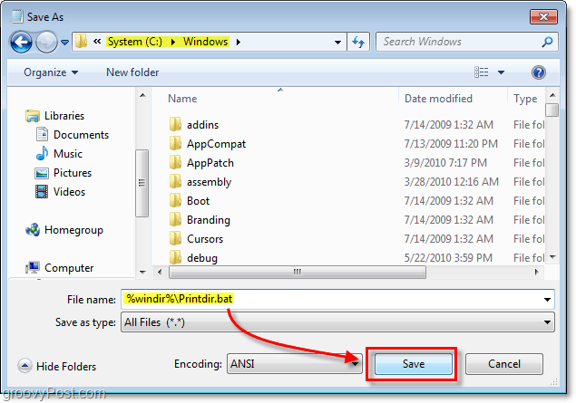 lagre filen som printdir.bat i Windows-mappen