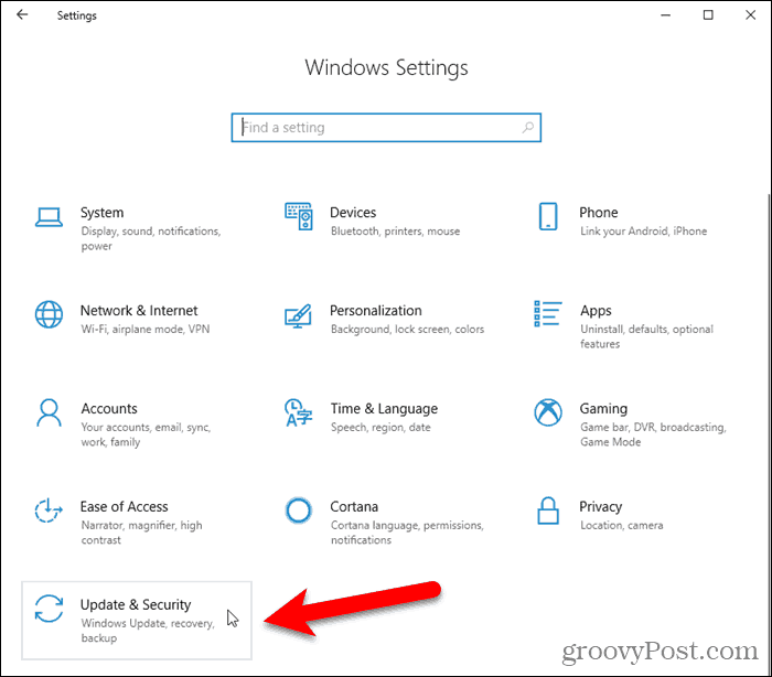 Klikk Oppdater og sikkerhet i Windows 10-innstillinger