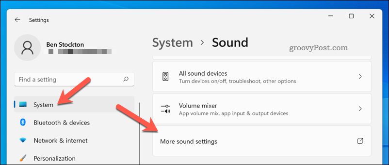 Åpne menyen Flere lydinnstillinger på Windows 11