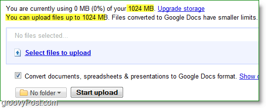 google docs nye opplasting noe begrensning er 1024 MB eller 1 GB