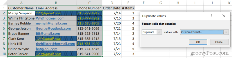 Tilpassede formaterte duplikater i Excel