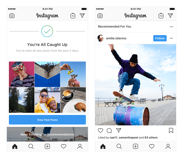 Instagram tester anbefalte innlegg i feeden. Disse anbefalingene er basert på personene du følger og bilder og videoer du liker, og vises på slutten av feeden din når du har sett alt nytt fra folk du følger.