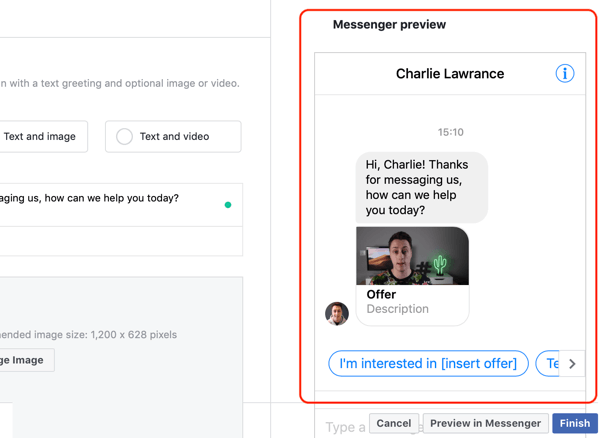 Slik målretter du varme potensielle kunder med Facebook Messenger-annonser, trinn 14, forhåndsvisning av tilpasset mal for messenger-destinasjon