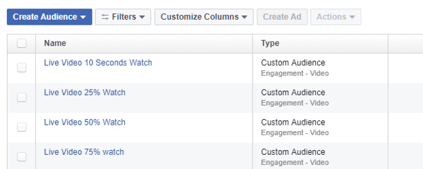 I Facebook Ads Manager bruker du målgruppeverktøyet til å definere et målrettingsmålgruppe basert på visninger av Facebook Live-videoer.